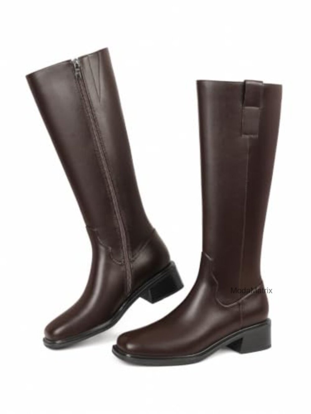 Women's Knee High Square Toe Low Block Heel Faux Leather Riding Boots